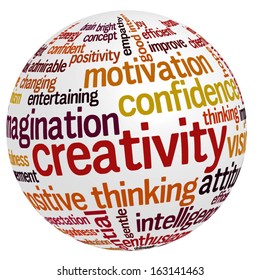 Conceptual tag cloud containing words related to creativity, positive thinking, confidence, enthusiasm, imagination, inspiration, potential, optimism... 