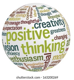 Conceptual tag cloud containing words related to creativity, positive thinking, confidence, enthusiasm, imagination, inspiration, potential, optimism... 