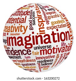 Conceptual tag cloud containing words related to creativity, positive thinking, confidence, enthusiasm, imagination, inspiration, potential, optimism... 