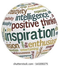 Conceptual tag cloud containing words related to creativity, positive thinking, confidence, enthusiasm, imagination, inspiration, potential, optimism... 