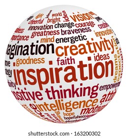 Conceptual tag cloud containing words related to creativity, positive thinking, confidence, enthusiasm, imagination, inspiration, potential, optimism... 