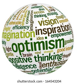 Conceptual tag cloud containing words related to optimism, creativity, positive thinking, confidence, enthusiasm, imagination, inspiration, potential...