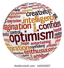 Conceptual tag cloud containing words related to optimism, creativity, positive thinking, confidence, enthusiasm, imagination, inspiration, potential...