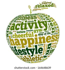 Conceptual tag cloud containing words related to healthy lifestyle in the shape of an apple. 