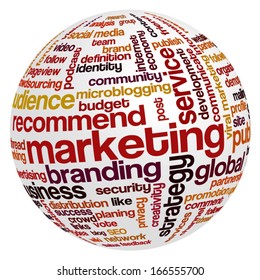 Conceptual tag cloud containing words related to marketing, business, advertising, social media, blogs, social networks and Internet in shape of sphere.