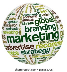 Conceptual tag cloud containing words related to marketing, business, advertising, social media, blogs, social networks and Internet in shape of sphere.