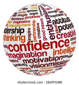 Conceptual tag cloud containing words related to confidence, optimism, creativity, positive thinking, enthusiasm, imagination, inspiration, potential...