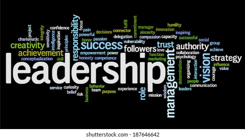 Conceptual  tag cloud containing words related to strategy, leadership, business, innovation, success. 