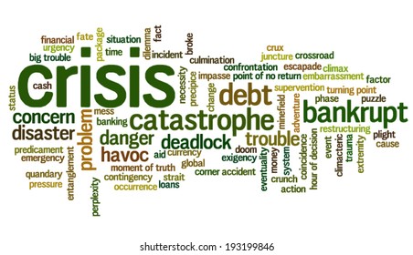 Conceptual tag cloud containing words related to crisis and trouble, catastrophe, concern and business pressure, failure and disaster