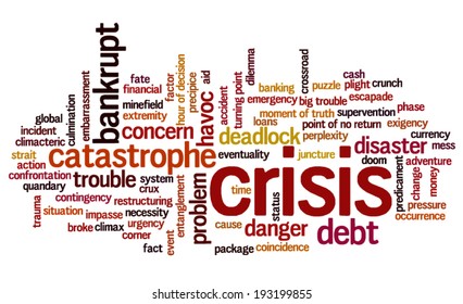Conceptual tag cloud containing words related to crisis and trouble, catastrophe, concern and business pressure, failure and disaster