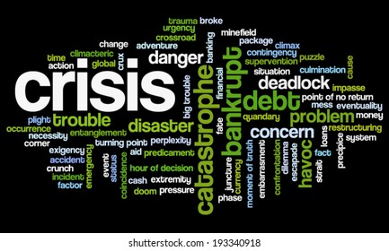 Conceptual tag cloud containing words related to crisis and trouble, catastrophe, concern and business pressure, failure and disaster, on black background