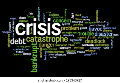 Conceptual tag cloud containing words related to crisis and trouble, catastrophe, concern and business pressure, failure and disaster, on black background