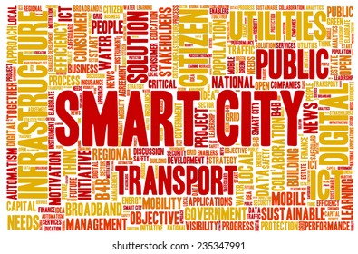 Conceptual tag cloud containing words related to smart city, digital city, infrastructure, ICT, efficiency, energy, sustainability, development and other ICT related terms