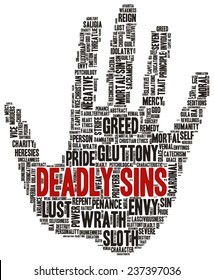 Conceptual tag cloud containing words related to seven deadly sins: pride, sloth, wrath, envy, lust, gluttony and greed in shape of a hand