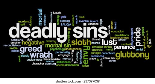 Conceptual tag cloud containing words related to seven deadly sins: pride, sloth, wrath, envy, lust, gluttony and greed