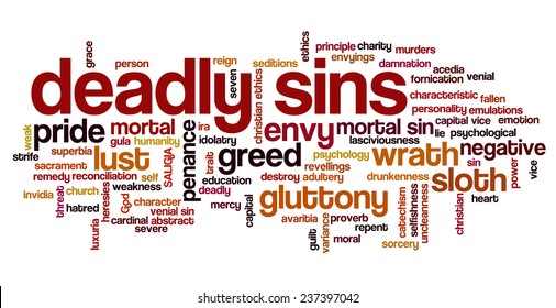 Conceptual tag cloud containing words related to seven deadly sins: pride, sloth, wrath, envy, lust, gluttony and greed