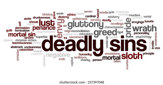 Conceptual tag cloud containing words related to seven deadly sins: pride, sloth, wrath, envy, lust, gluttony and greed