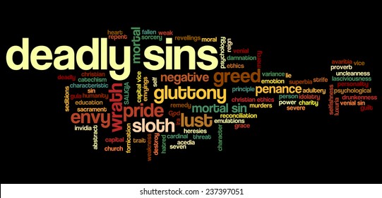 Conceptual tag cloud containing words related to seven deadly sins: pride, sloth, wrath, envy, lust, gluttony and greed