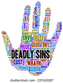 Conceptual tag cloud containing words related to seven deadly sins: pride, sloth, wrath, envy, lust, gluttony and greed in shape of a hand