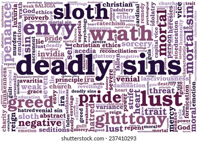 Conceptual tag cloud containing words related to seven deadly sins: pride, sloth, wrath, envy, lust, gluttony and greed in shape of a rectangle