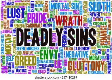 Conceptual tag cloud containing words related to seven deadly sins: pride, sloth, wrath, envy, lust, gluttony and greed in shape of a rectangle