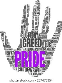 Conceptual tag cloud containing words related to seven deadly sins: pride, sloth, wrath, envy, lust, gluttony and greed in shape of a hand