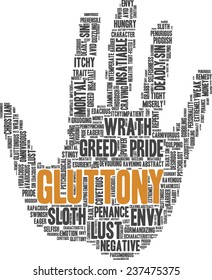 Conceptual tag cloud containing words related to seven deadly sins: pride, sloth, wrath, envy, lust, gluttony and greed in shape of a hand