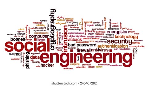 Conceptual tag cloud containing words related to social engineering, internet security, networking and privacy and cyberwar.