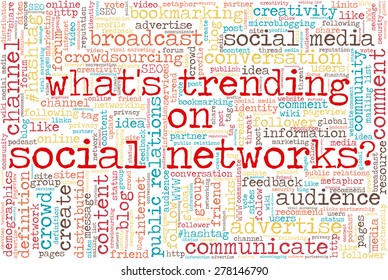 Conceptual tag cloud containing words related to social media, marketing, blogs, social networks and Internet. Words "What's trending on social networks?" emphasized.