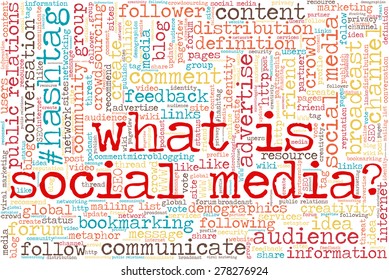 Conceptual tag cloud containing words related to social media, marketing, blogs, social networks and Internet. Words "What is social media?" emphasized.