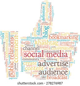 Conceptual tag cloud containing words related to social media, marketing, blogs, social networks and Internet in shape of a fist. Words "social media" emphasized.