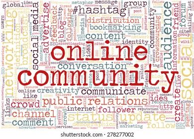 Conceptual tag cloud containing words related to social media, marketing, blogs, social networks and Internet. Words "Online community" emphasized.