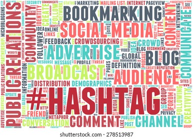 Conceptual tag cloud containing words related to social media, marketing, blogs, social networks and Internet. Word "hashtag" emphasized.