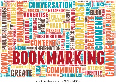 Conceptual tag cloud containing words related to social media, marketing, blogs, social networks and Internet. Word "bookmarking" emphasized.