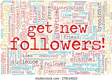 Conceptual tag cloud containing words related to social media, marketing, blogs, social networks and Internet. Words "get new followers!" emphasized.