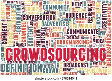 Conceptual tag cloud containing words related to social media, marketing, blogs, social networks and Internet. Word "crowdsourcing" emphasized.