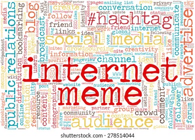 Conceptual tag cloud containing words related to social media, marketing, blogs, social networks and Internet. Words "internet meme" emphasized.