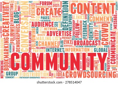 Conceptual tag cloud containing words related to social media, marketing, blogs, social networks and Internet. Word "community" emphasized.