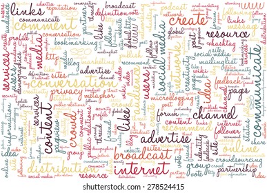 Conceptual tag cloud containing words related to social media, marketing, blogs, social networks and Internet. 