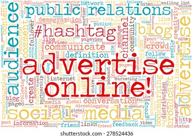 Conceptual tag cloud containing words related to social media, marketing, blogs, social networks and Internet. Words 