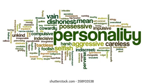 Conceptual tag cloud containing words related to negative personality features such as aggressive, stupid, boring, bossy, cowardly, cruel, jealous, rude, mean and thoughtless.