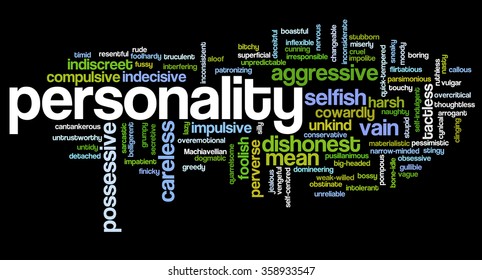 Conceptual tag cloud containing words related to negative personality features such as aggressive, stupid, boring, bossy, cowardly, cruel, jealous, rude, mean and thoughtless.