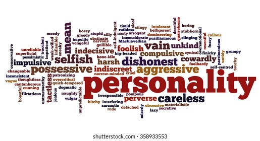 Conceptual tag cloud containing words related to negative personality features such as aggressive, stupid, boring, bossy, cowardly, cruel, jealous, rude, mean and thoughtless.