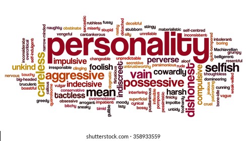 Conceptual tag cloud containing words related to negative personality features such as aggressive, stupid, boring, bossy, cowardly, cruel, jealous, rude, mean and thoughtless.