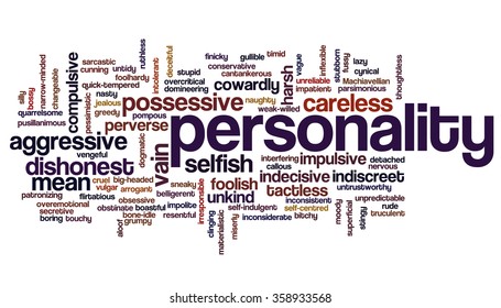 Conceptual tag cloud containing words related to negative personality features such as aggressive, stupid, boring, bossy, cowardly, cruel, jealous, rude, mean and thoughtless.