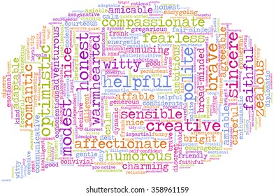 Conceptual tag cloud containing words related to positive personality features such as friendly, determined, discreet, funny, gentle, helpful, honest and intelligent.
