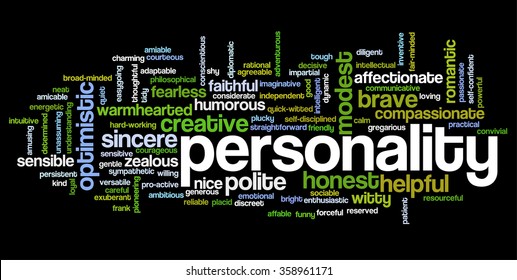 Conceptual tag cloud containing words related to positive personality features such as friendly, determined, discreet, funny, gentle, helpful, honest and intelligent.