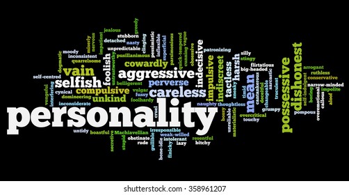 Conceptual tag cloud containing words related to negative personality features such as aggressive, stupid, boring, bossy, cowardly, cruel, jealous, rude, mean and thoughtless.