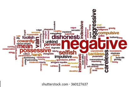 Conceptual tag cloud containing words related to negative personality features such as aggressive, stupid, boring, bossy, cowardly, cruel, jealous, rude, mean and thoughtless.