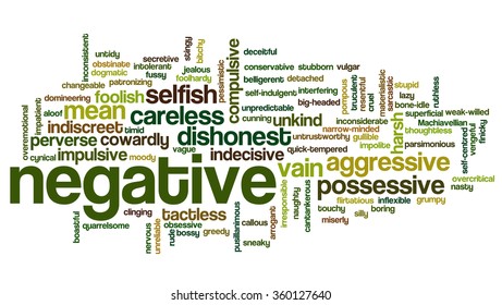 Conceptual tag cloud containing words related to negative personality features such as aggressive, stupid, boring, bossy, cowardly, cruel, jealous, rude, mean and thoughtless.